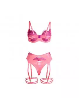 SUBBLIME - 955366 BH-SET MIT SPITZE UND STRUMPFBAND ROSA UND LILA L/XL