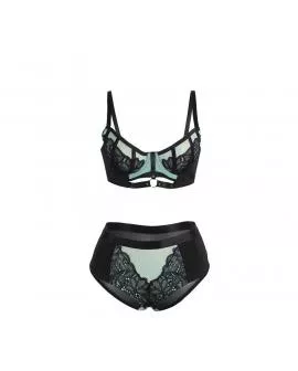 SUBBLIME - 955557 GRÜNES LACKLEDER-NETZ-ZIPPER-BH-SET S/M