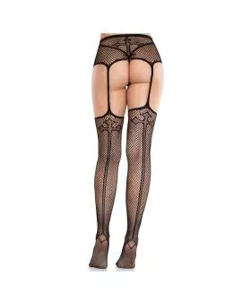 LEG AVENUE - Spitzenstrümpfe mit Kreuz und Strumpfgürtel Schwarz