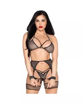 LEG AVENUE - 89362 TOP + STRING + STRUMPFGÜRTEL + HANDSCHELLEN SET SCHWARZ - EINE GRÖSSE
