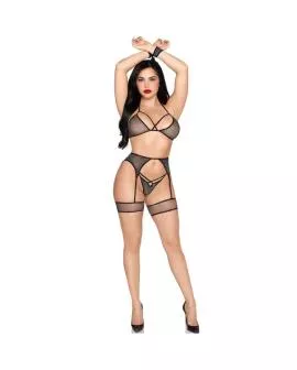 LEG AVENUE - 89362 TOP + STRING + STRUMPFGÜRTEL + HANDSCHELLEN SET SCHWARZ - EINE GRÖSSE