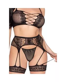 LEG AVENUE - 89359 TOP + STRING + STRUMPFGÜRTEL SET SCHWARZ - EINE GRÖSSE