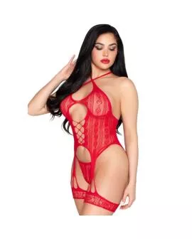 LEG AVENUE - 89338 OFFENER SPITZEN-Bodysuit MIT STRUMPFGÜRTEL + STRING ROT - EINE GRÖSSE
