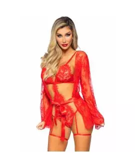 LEG AVENUE - 86123 TEDDY- UND STRUMPFBAND-BADEMANTEL-SET, ROT,