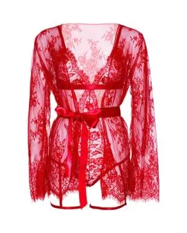 LEG AVENUE - 86123 TEDDY- UND STRUMPFBAND-BADEMANTEL-SET, ROT,