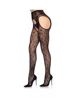 LEG AVENUE - 1967 BLOOM NETZ-STRÜMPFE MIT STRUMPFHALTERN, SCHWARZ - EINHEITSGRÖSSE