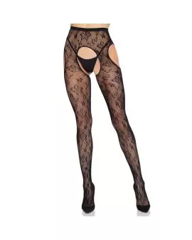 LEG AVENUE - 1967 BLOOM NETZ-STRÜMPFE MIT STRUMPFHALTERN, SCHWARZ - EINHEITSGRÖSSE