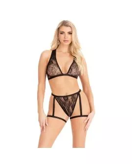 LEG AVENUE - 86148 SPITZEN-BH-TOP UND -Höschen MIT STRUMPFHALTERN SCHWARZ - EINHEITSGRÖSSE