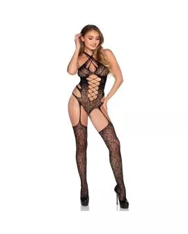 LEG AVENUE - 89367 SPITZEN-HALTER-TEDDY MIT STRÜMPFEN, SCHWARZ - EINHEITSGRÖSSE