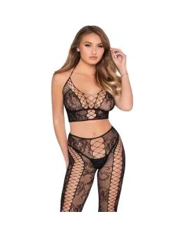 LEG AVENUE - 89368 NETZ- UND SPITZEN-CROP-TOP UND STRÜMPFE, SCHWARZ - EINHEITSGRÖSSE