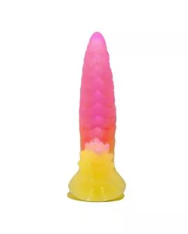 POWER MONSTERS - RIPPLIED MONSTER FANTASY DILDO MIT SAUGKAPSEL 22,5 CM Ø 5,5 CM PINK & GELB