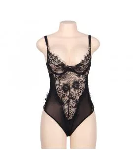SUBBLIME - QUEEN PLUS FLORAL LACE UND FRINGED BLACK TEDDY